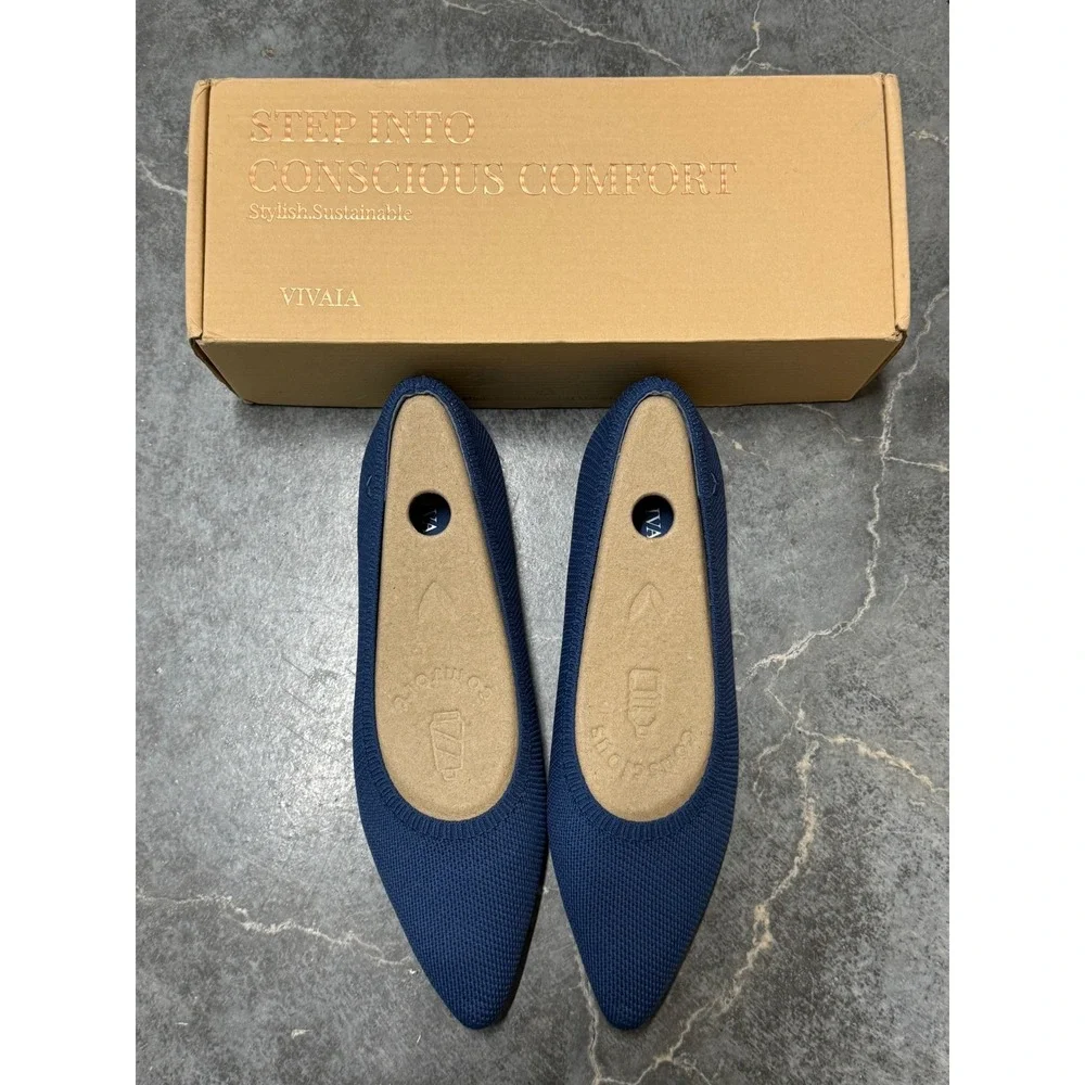 VIVAIA Navy Knit Pointed‎ Toe Flats Stretch Comfort Ballet Shoes EU/39 US/8